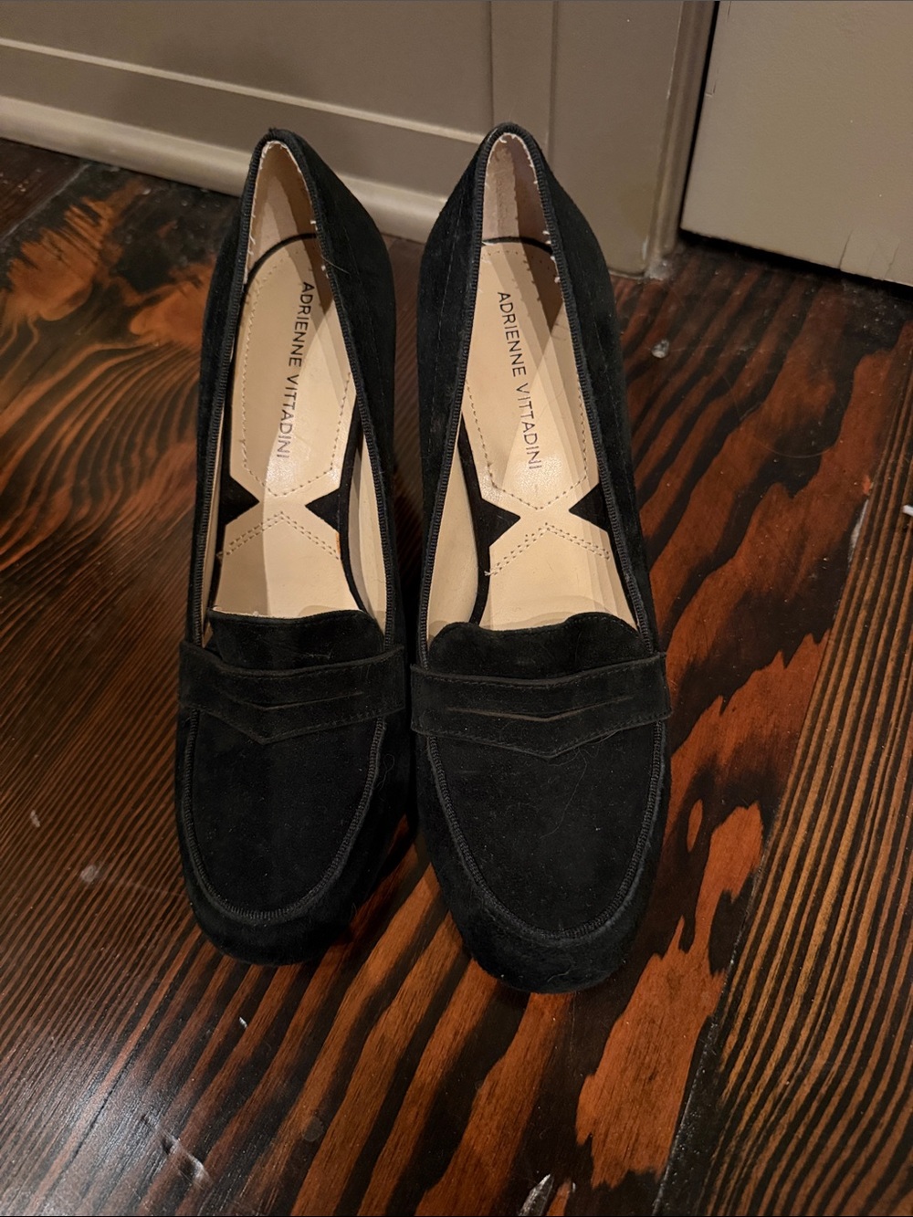 Adrienne Vittadini Black Suede Heel Penny Loafers